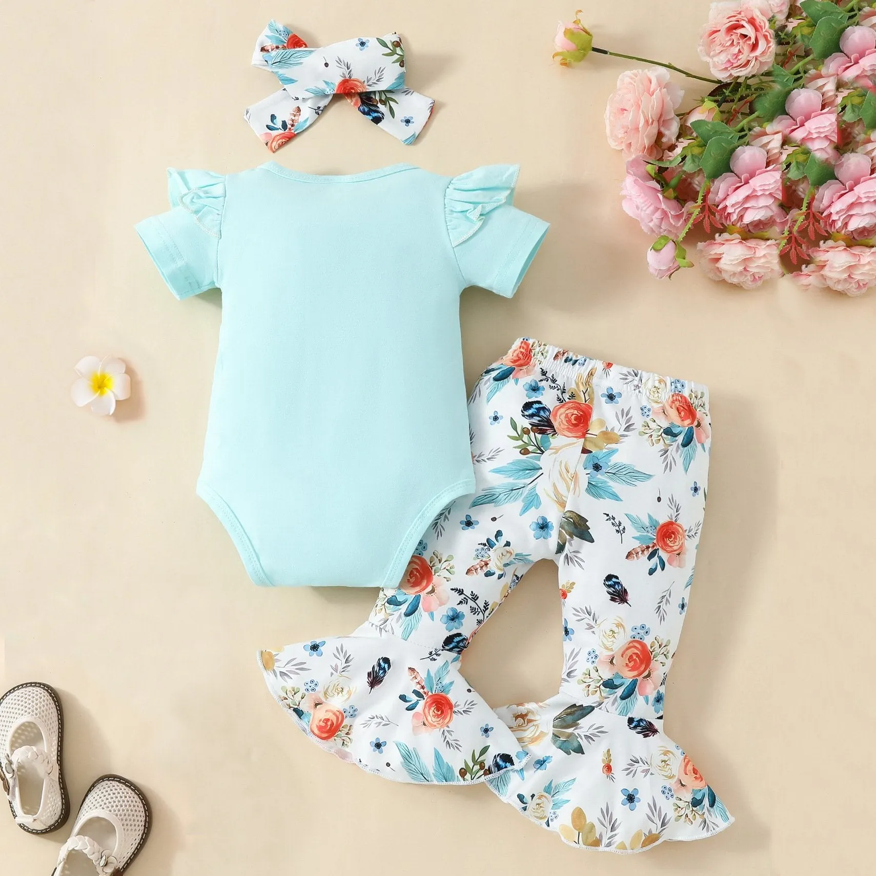 2 Pieces Set Baby Girls Letters Print Rompers And Flower Pants Wholesale 20240406