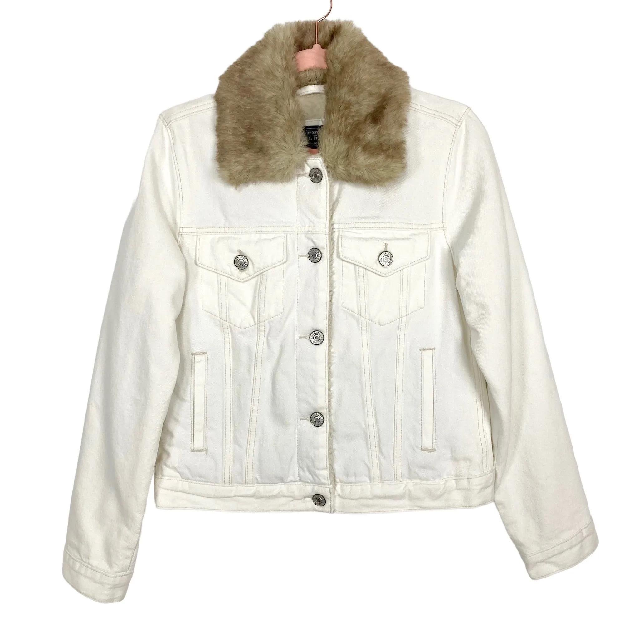 Abercrombie & Fitch White Denim Lined Removable Faux Fur Collar Jacket NWT- Size S