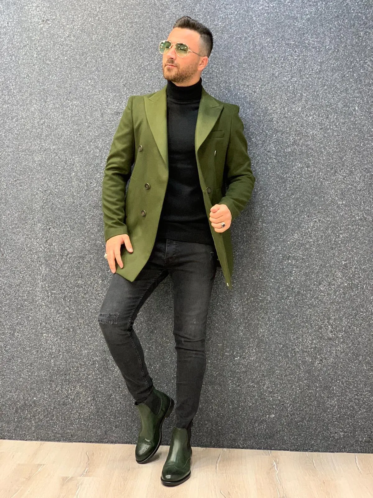 Ade Khaki Slim Fit Long Coat