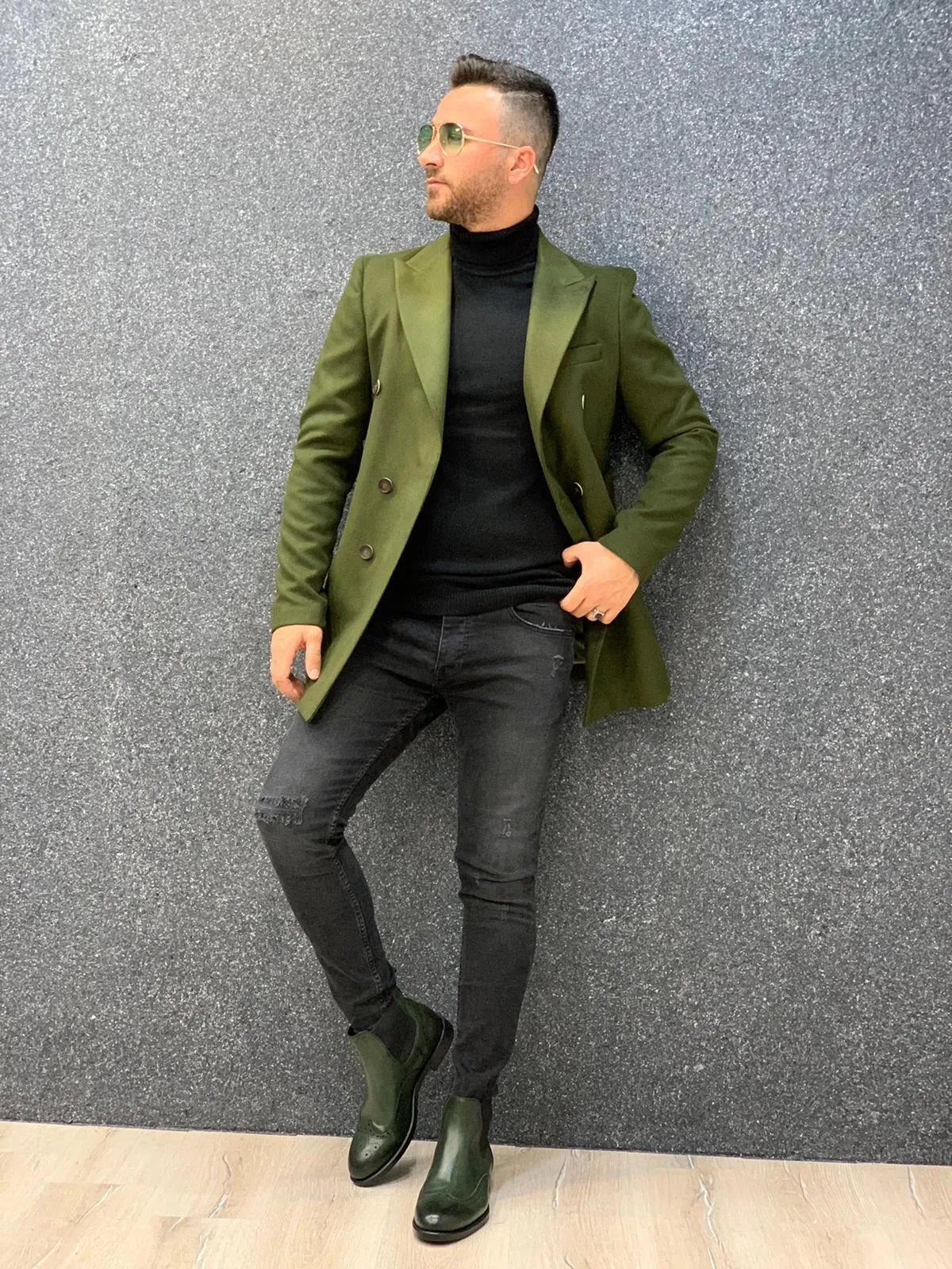 Ade Khaki Slim Fit Long Coat