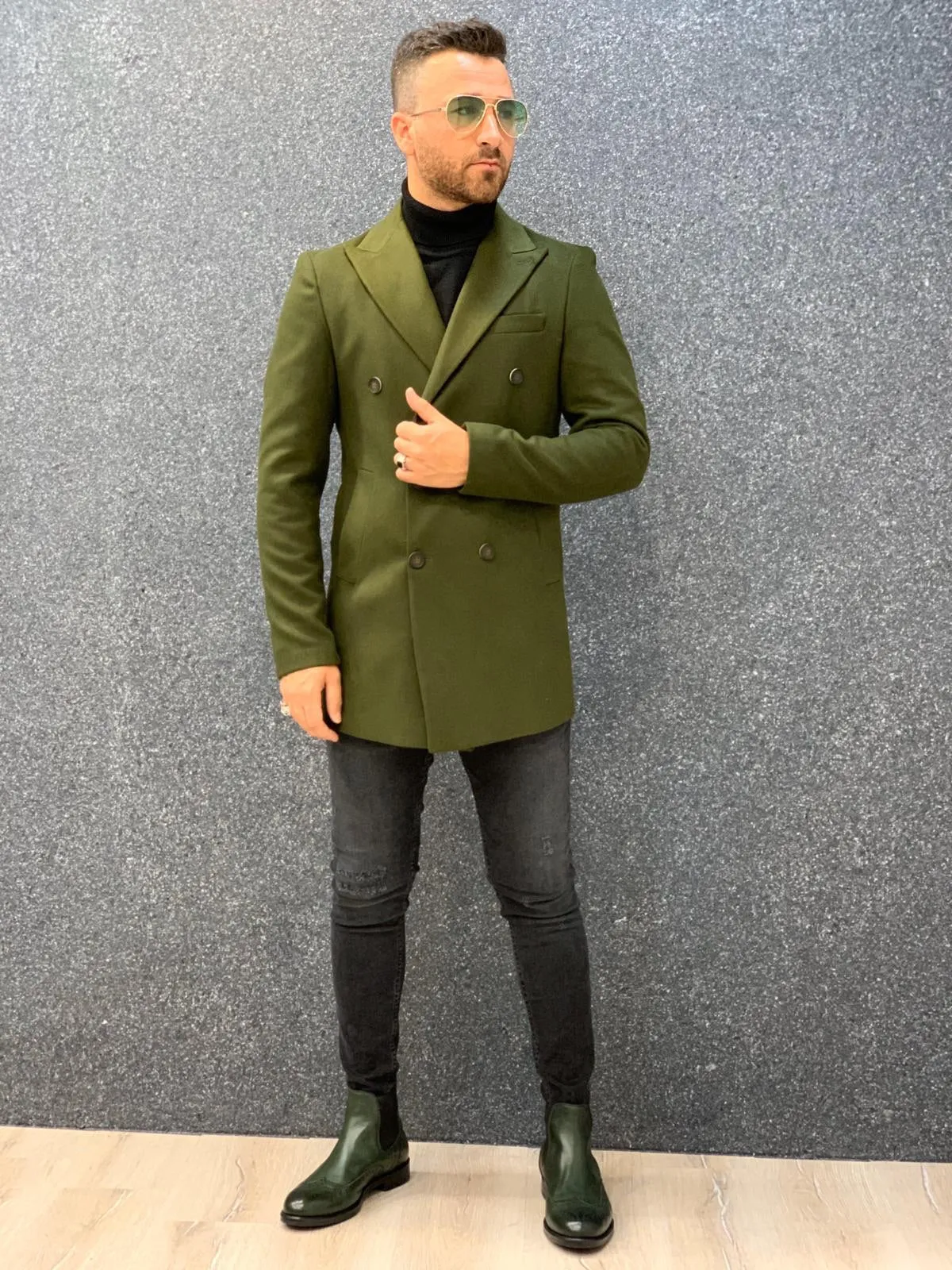 Ade Khaki Slim Fit Long Coat