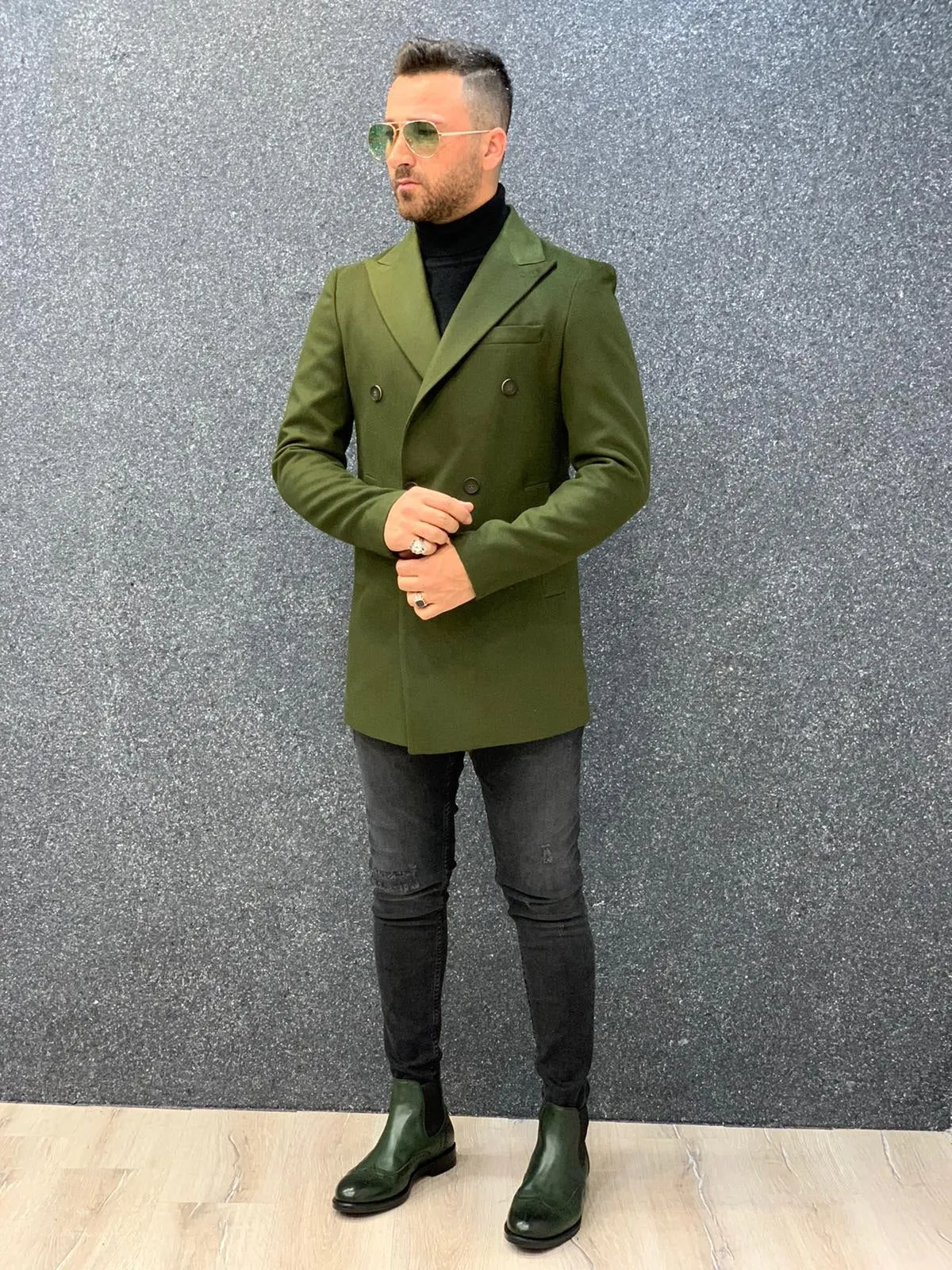 Ade Khaki Slim Fit Long Coat