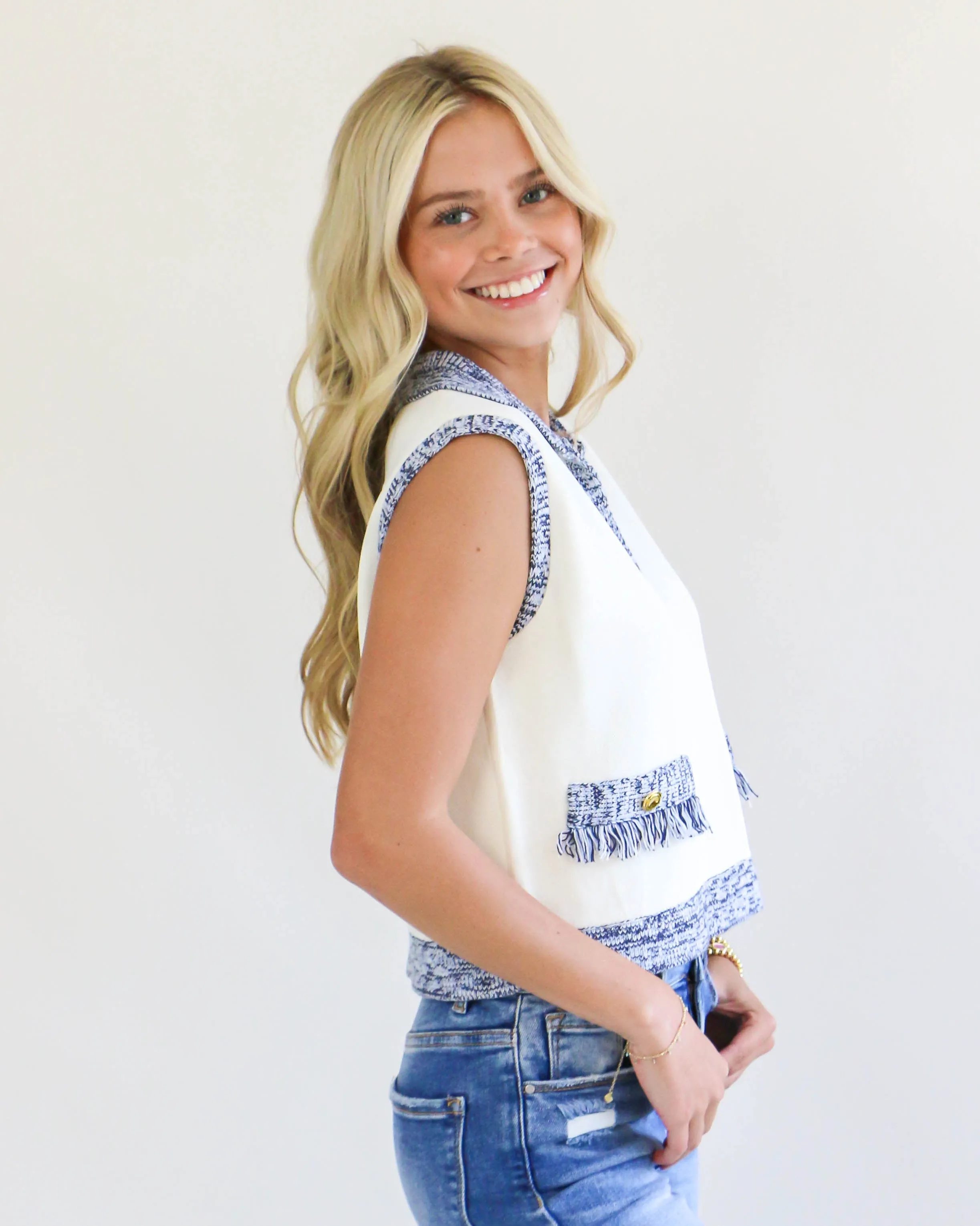 Blue & Cream Sleeveless Collared Top