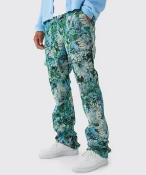 boohoo Mens Fixed Waist Slim Flare Stacked Floral Tapestry Cargo Trouser