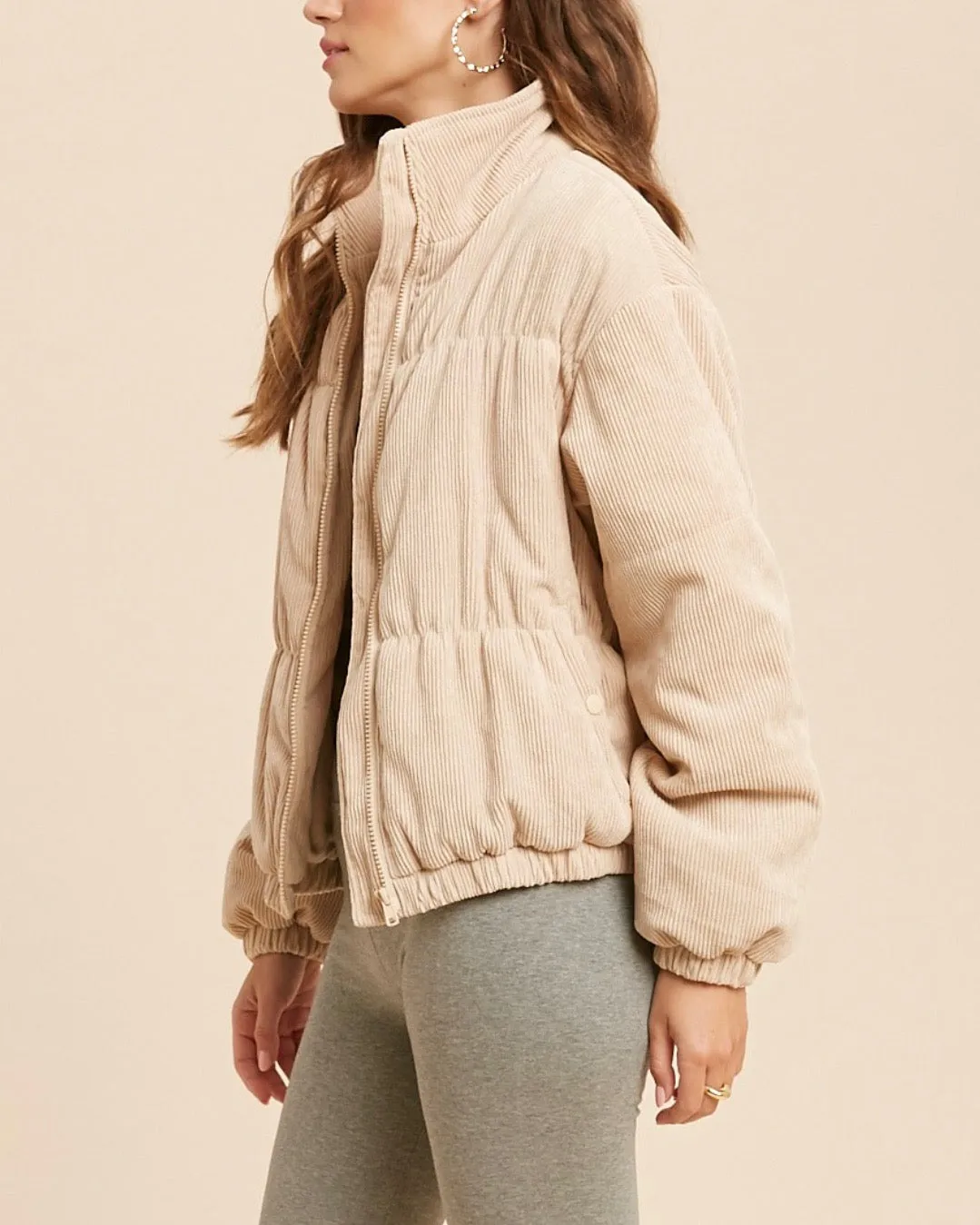 Cassidy Corduroy High Collared Bomber Jacket in Sand