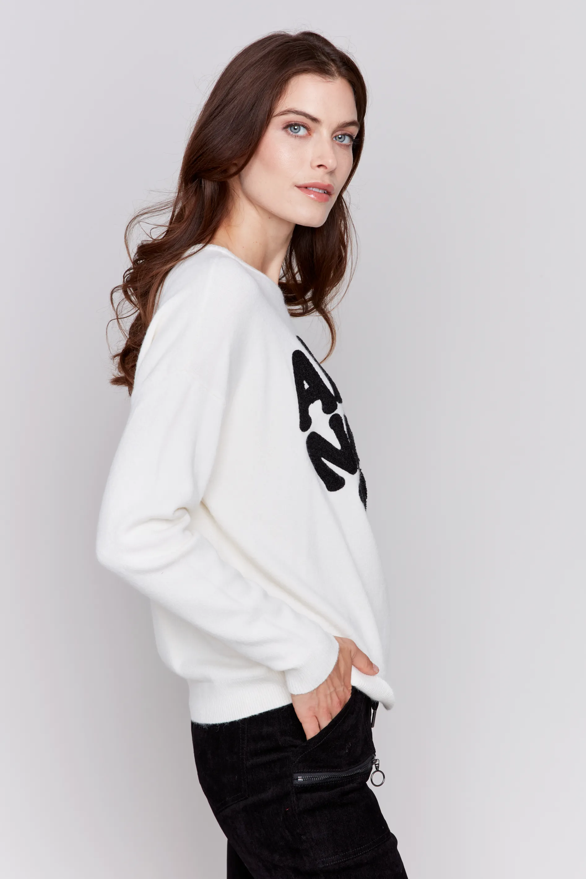 Crew Neck Long Sleeve with Love Embroidered Sweater