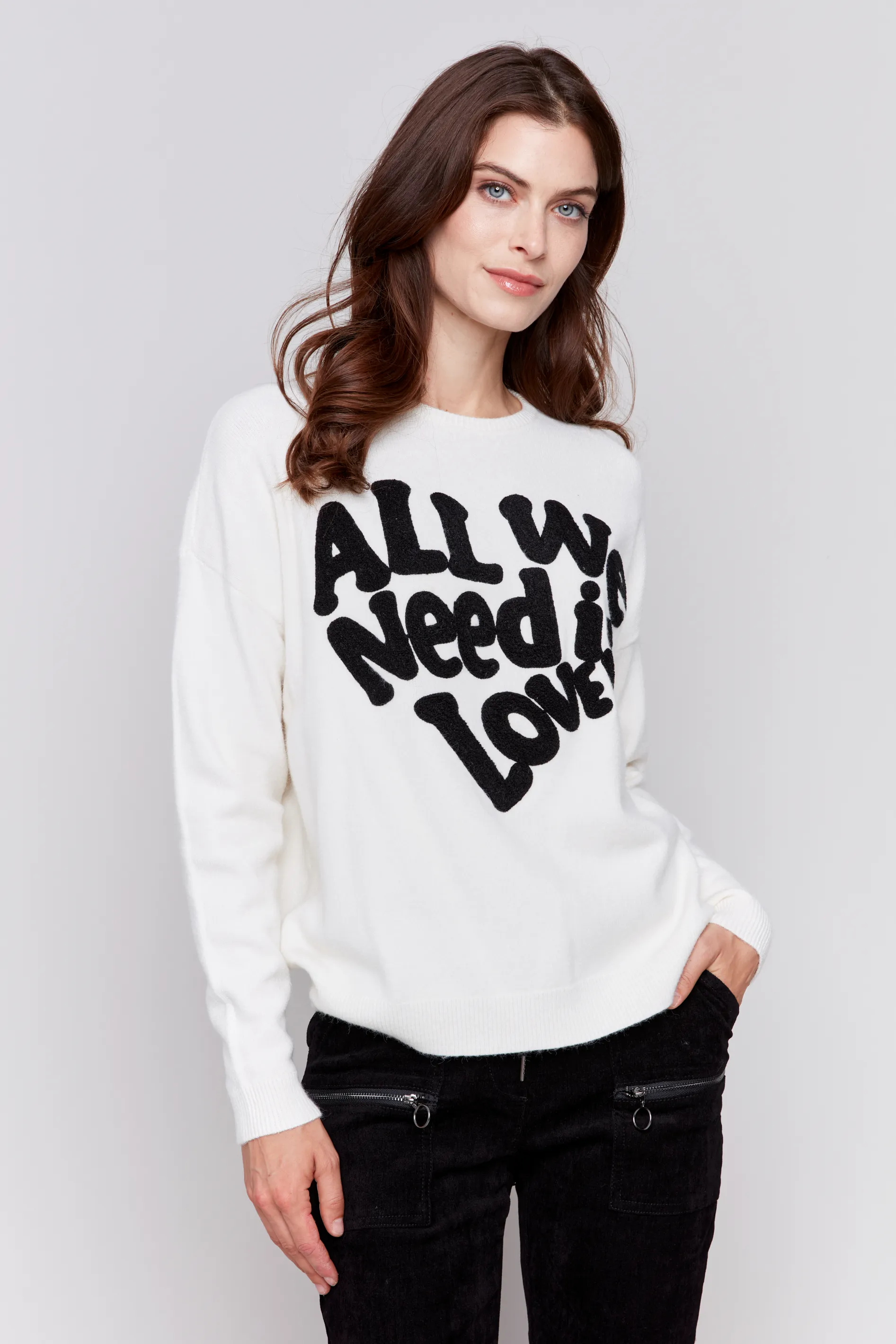 Crew Neck Long Sleeve with Love Embroidered Sweater