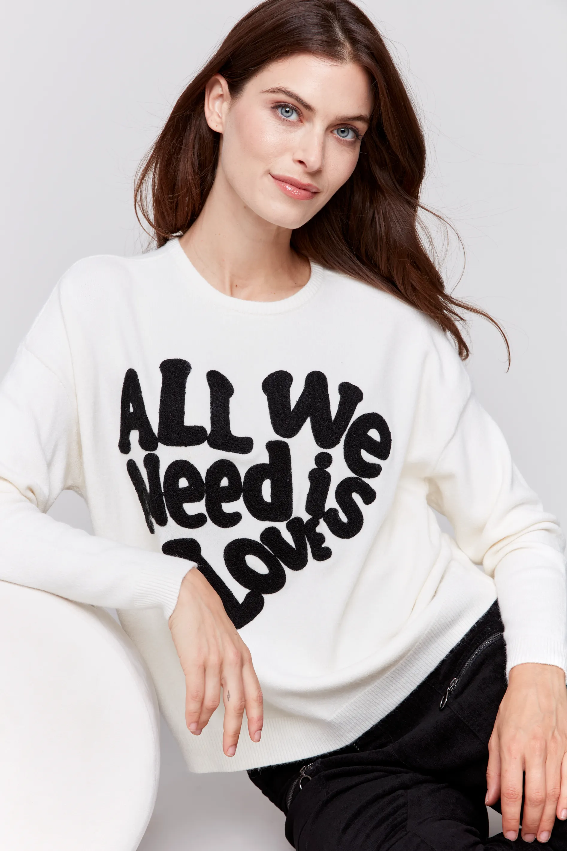 Crew Neck Long Sleeve with Love Embroidered Sweater