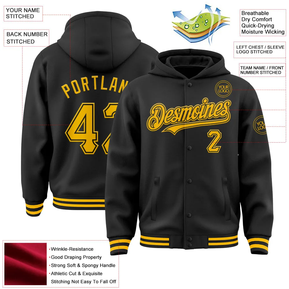 Custom Black Gold Bomber Full-Snap Varsity Letterman Hoodie Jacket