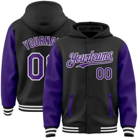 Custom Black Purple-White Bomber Full-Snap Varsity Letterman Two Tone Hoodie Jacket