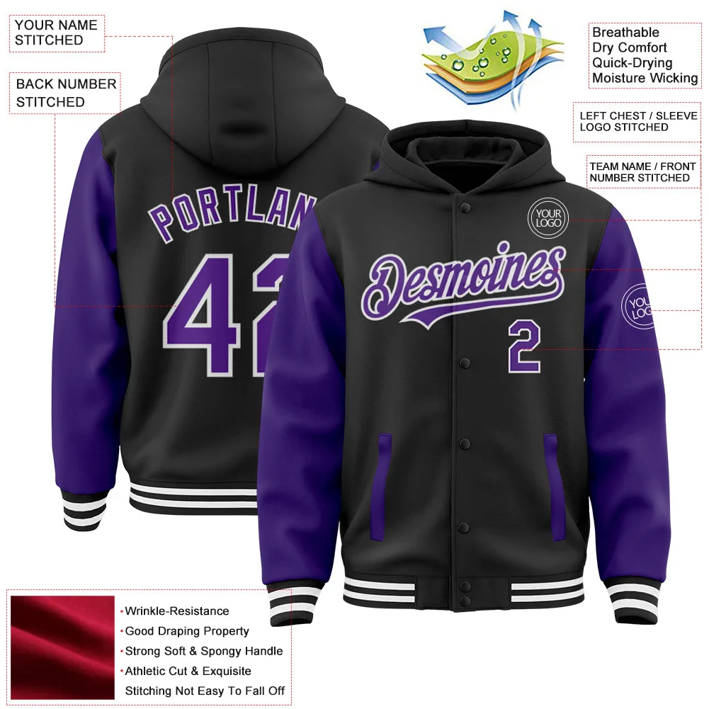 Custom Black Purple-White Bomber Full-Snap Varsity Letterman Two Tone Hoodie Jacket