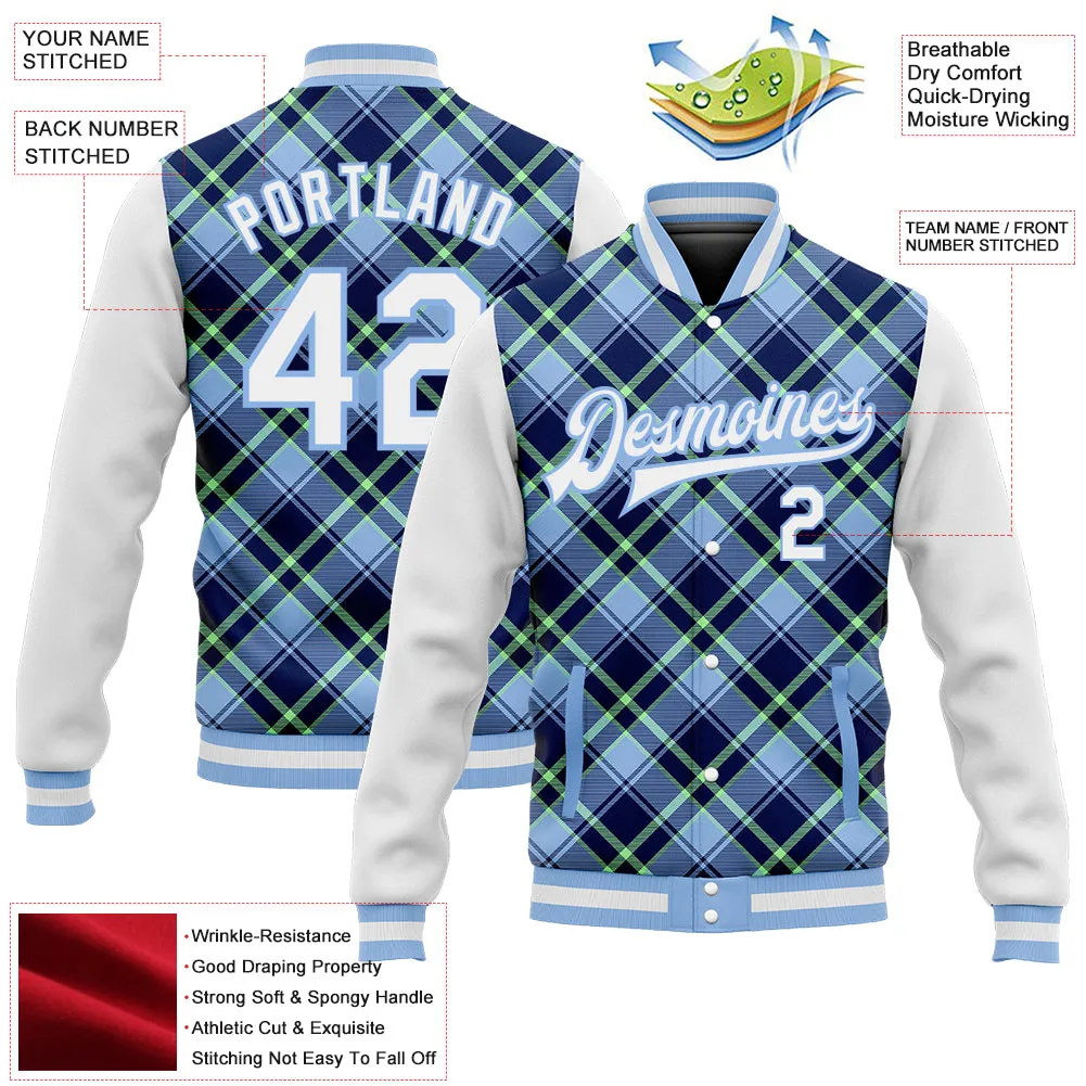 Custom Light Blue Navy-Neon Green Check Board 3D Pattern Design Bomber Full-Snap Varsity Letterman Jacket