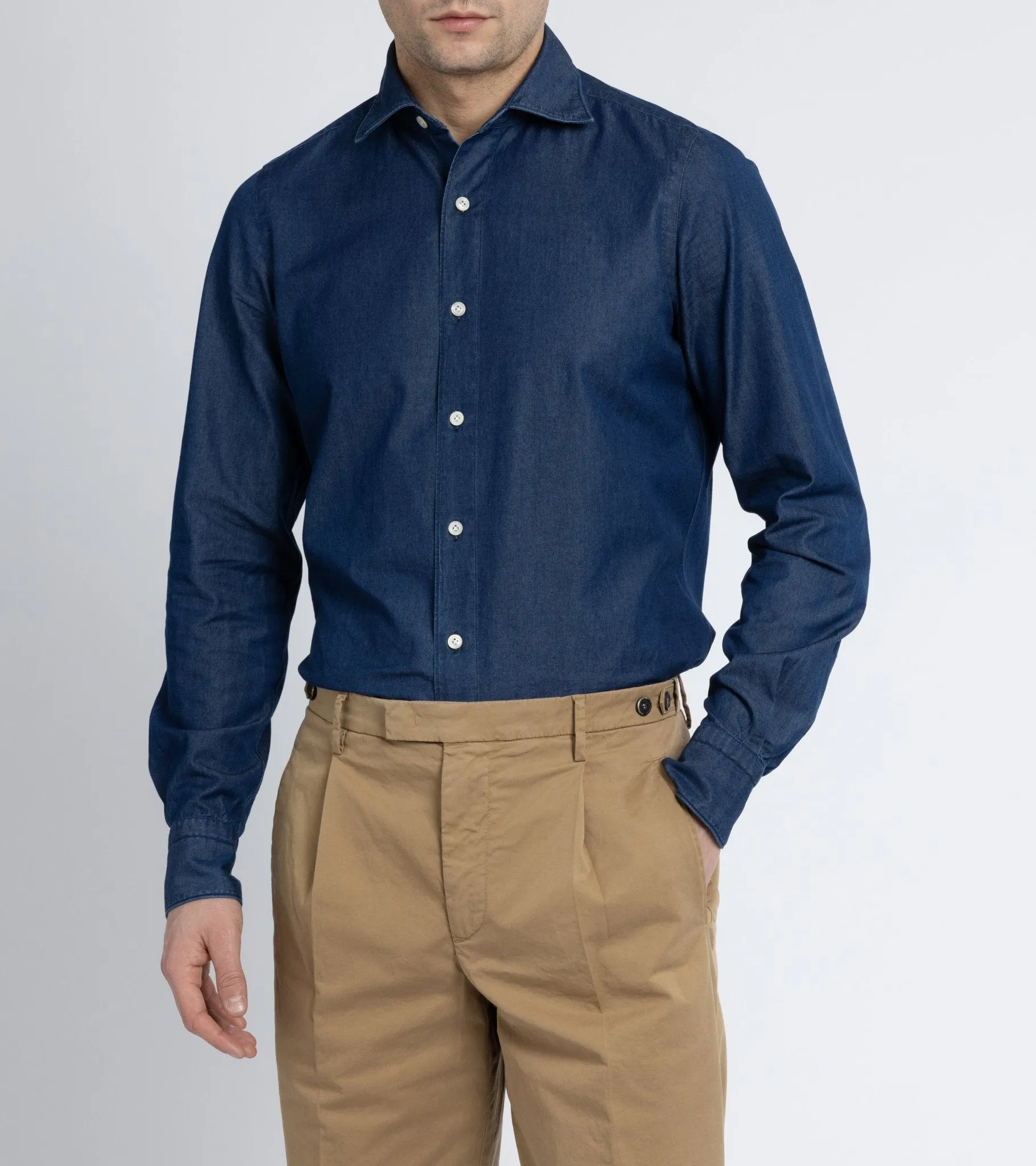 Finamore Gaeta Washed Denim Luigi Sport Shirt: Dark Blue