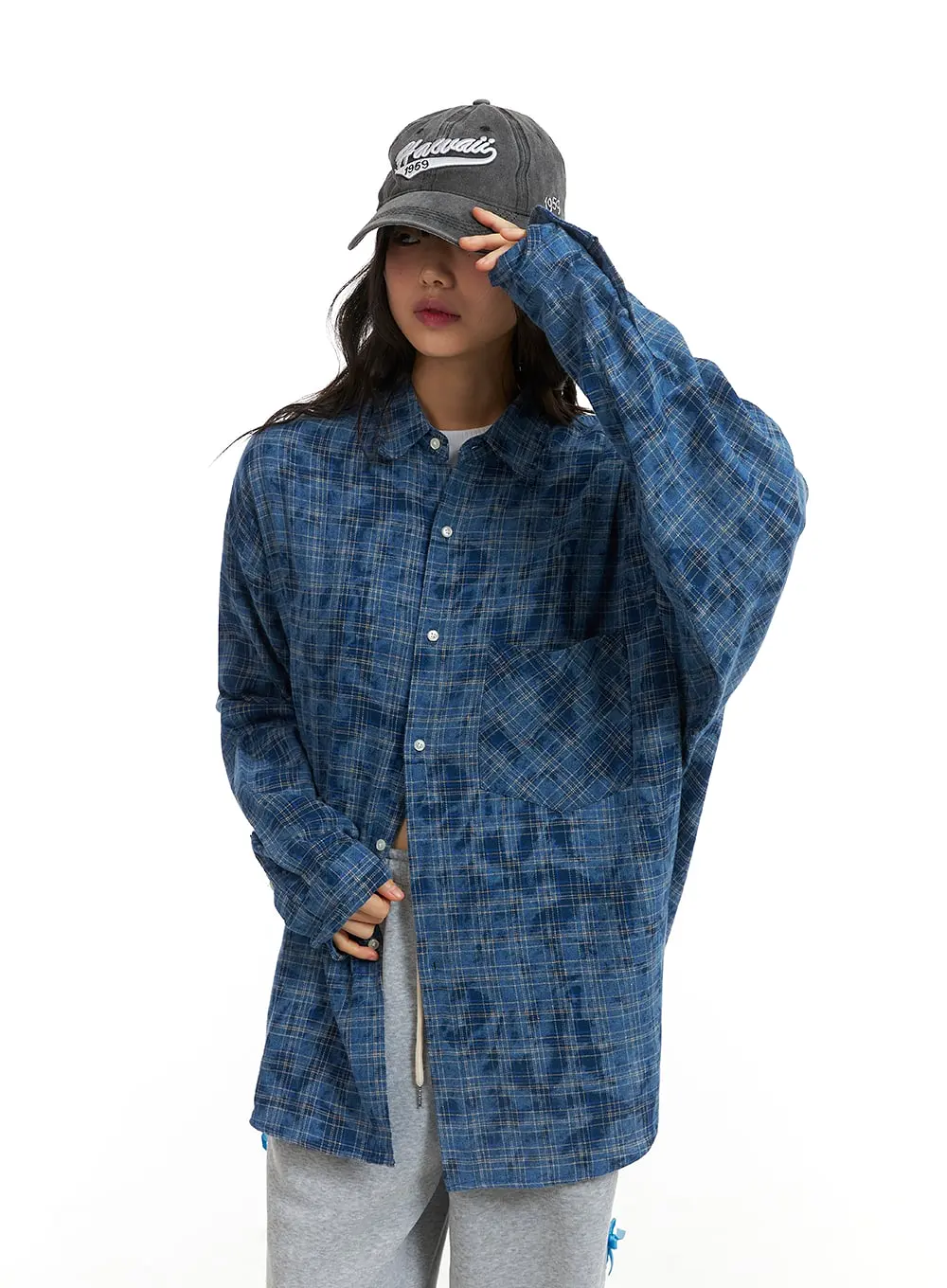 Flannel Collar Plaid Pocket Long Sleeve Blouse (UNISEX) CJ412