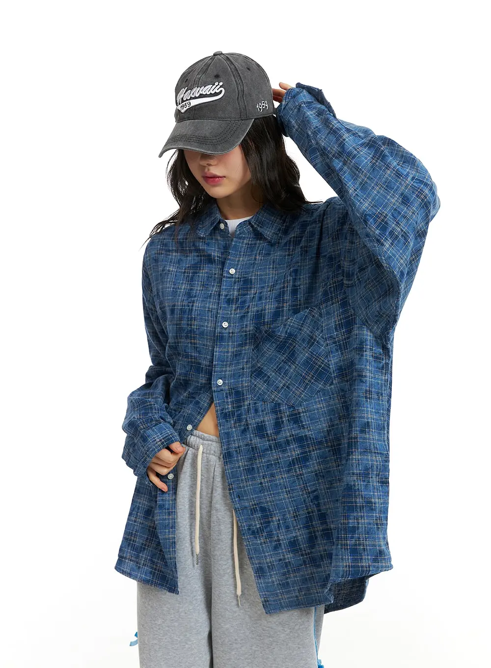 Flannel Collar Plaid Pocket Long Sleeve Blouse (UNISEX) CJ412