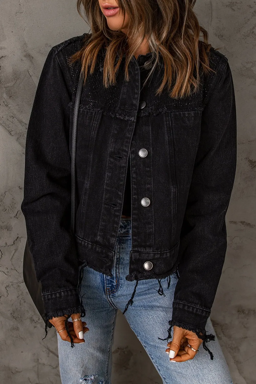 Gloree Frayed Trim Button Down Denim Jacket