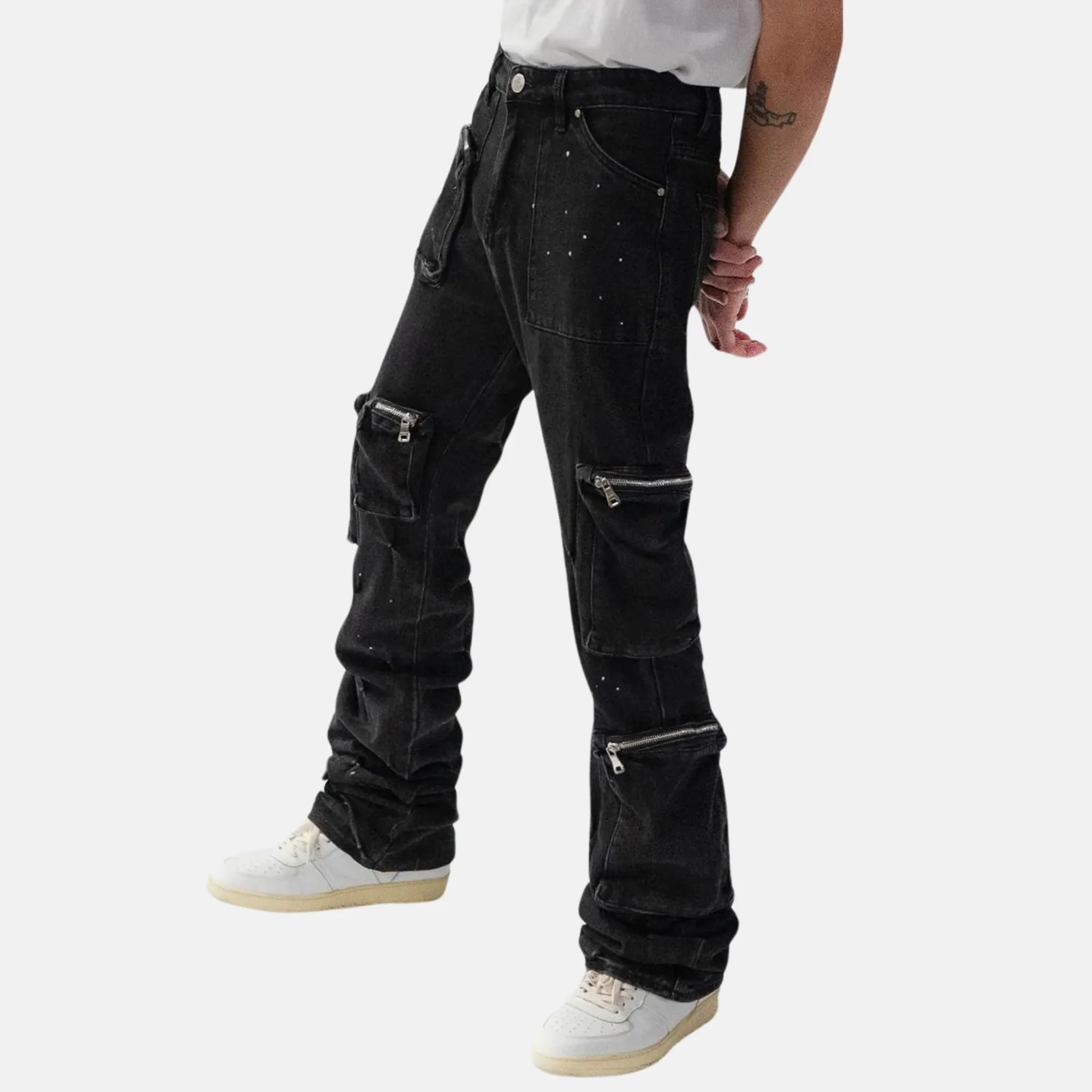 Lifted Anchors Pinched Dark Black Wash Stacked Flare Denim Cargo Jeans