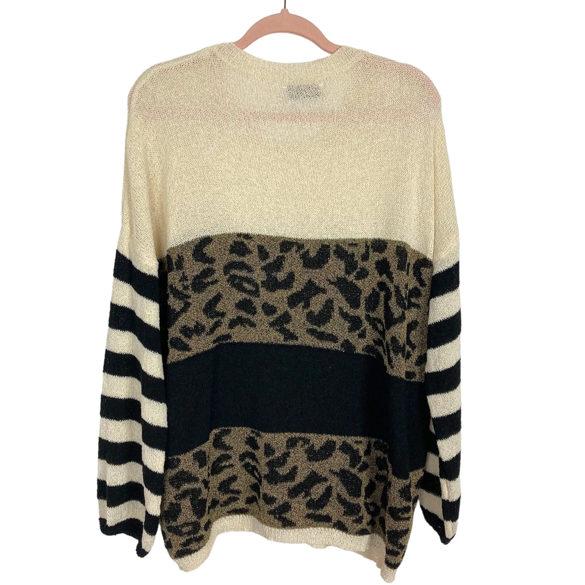 Living My Best Style x Pink Lilly Animal Print/Striped Sleeve Open Knit Sweater- Size M