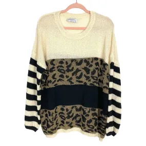 Living My Best Style x Pink Lilly Animal Print/Striped Sleeve Open Knit Sweater- Size M