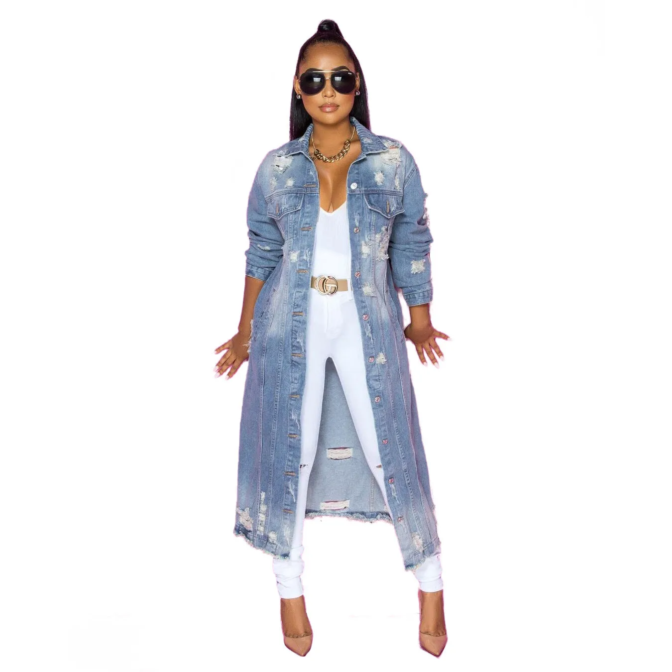 Long Distressed Denim Coat