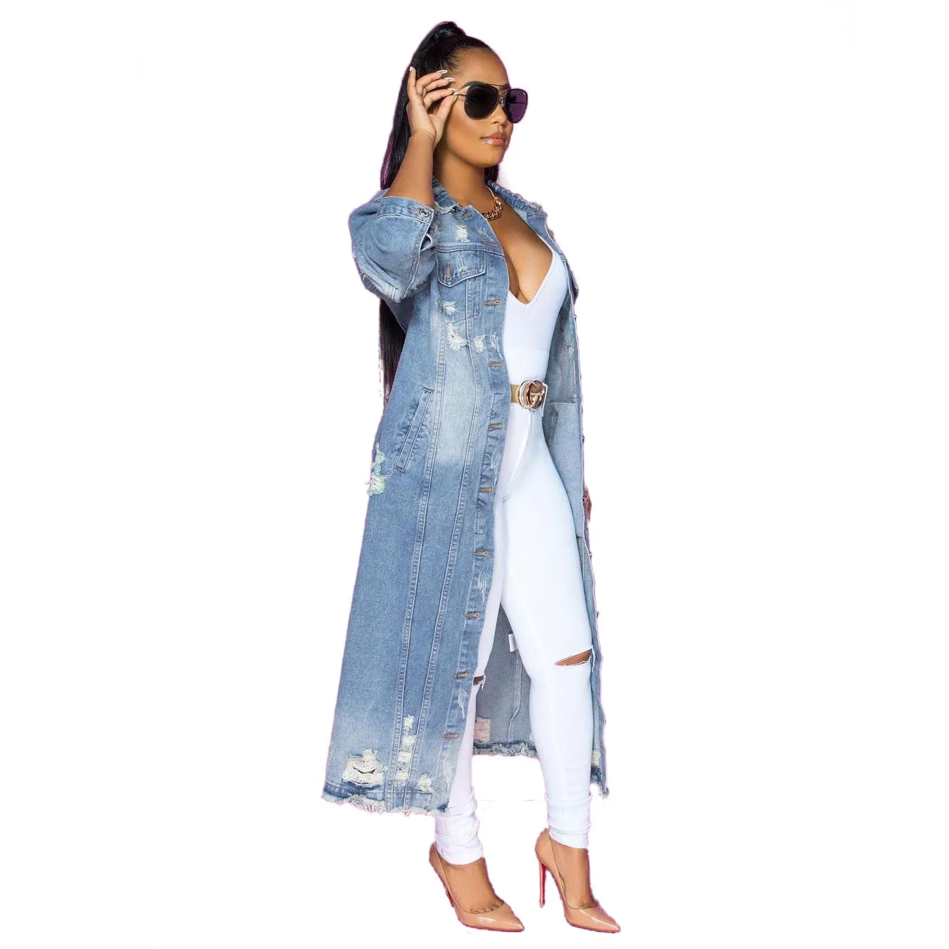 Long Distressed Denim Coat