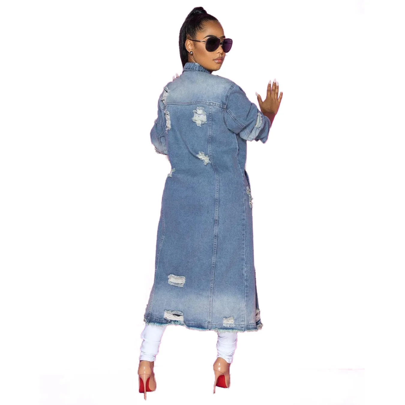 Long Distressed Denim Coat