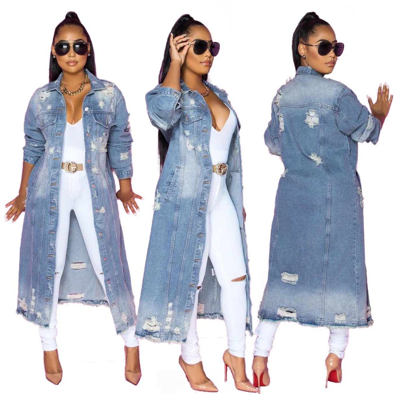 Long Distressed Denim Coat