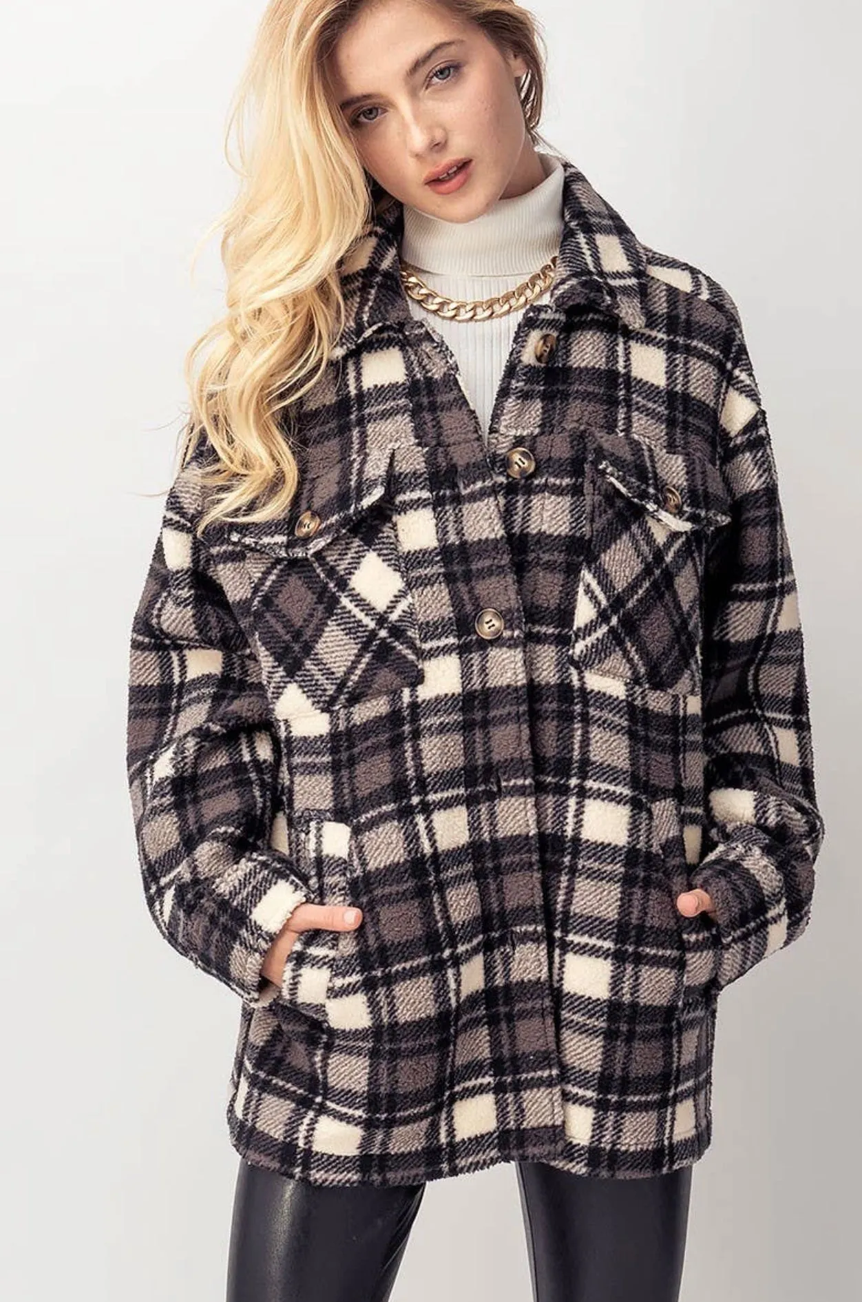 Love Tree  Plaid Sherpa Shirt Jacket