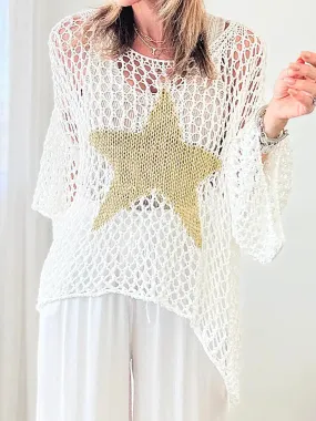 Lovesoft Star Graphic Crochet Knit Sweater