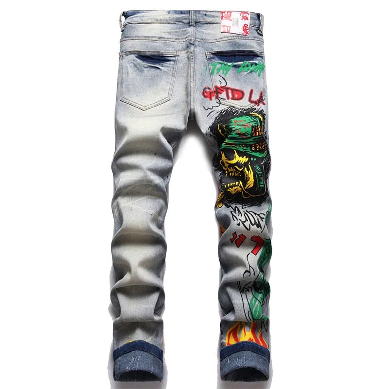 Men's Character Skull Flame Painted Buttons Fly Stretch Streetwear Jeans