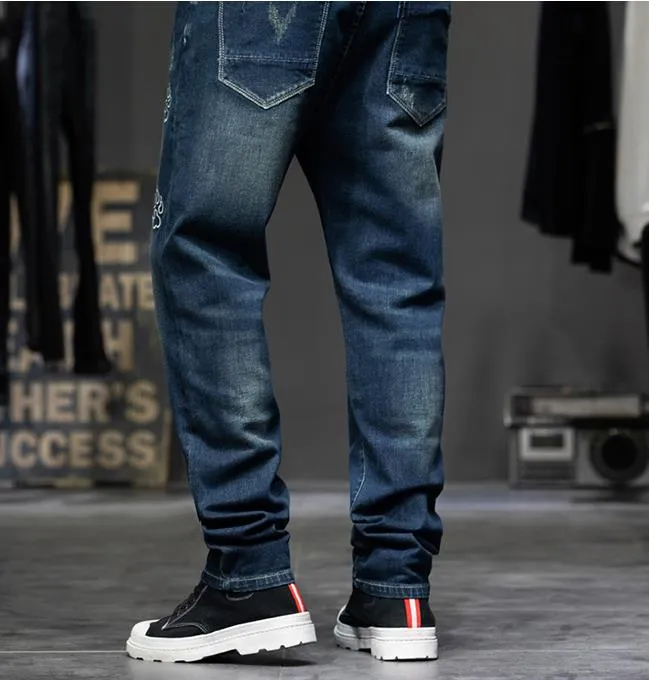 Men's Hip Hop Denim Baggy Embroidery Casual Straight-Leg Pants