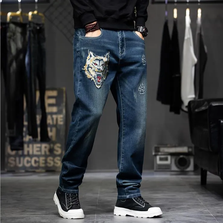 Men's Hip Hop Denim Baggy Embroidery Casual Straight-Leg Pants