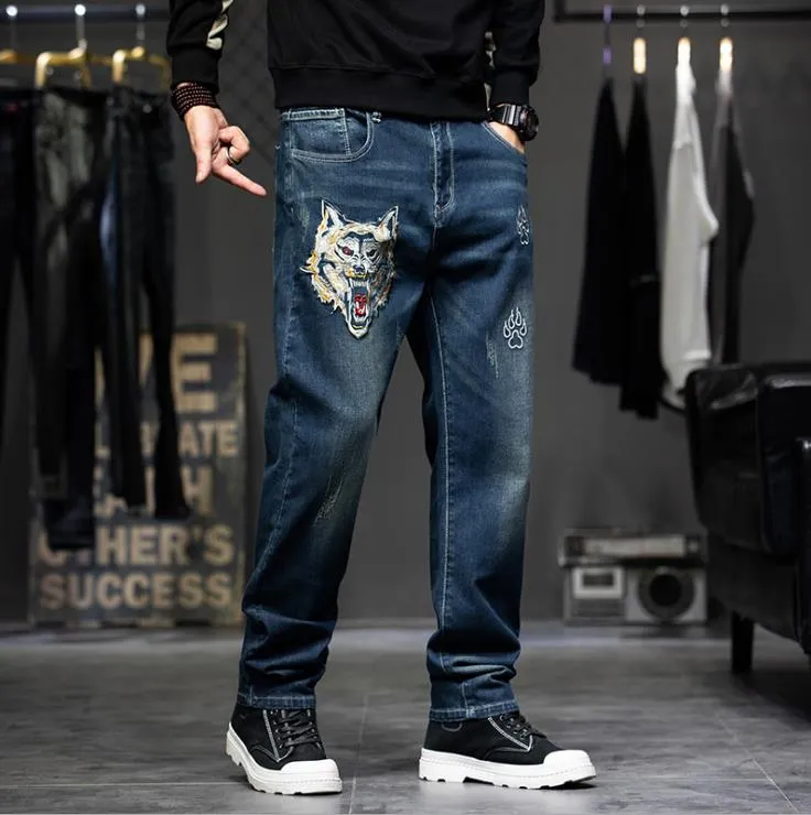 Men's Hip Hop Denim Baggy Embroidery Casual Straight-Leg Pants