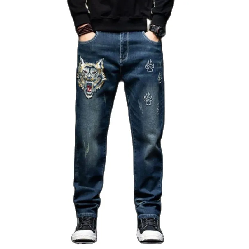 Men's Hip Hop Denim Baggy Embroidery Casual Straight-Leg Pants