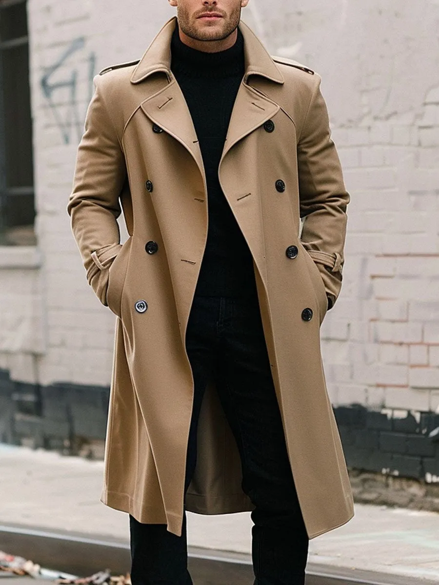 Men's Lapel Double Pocket Mid-Length Trench Coat