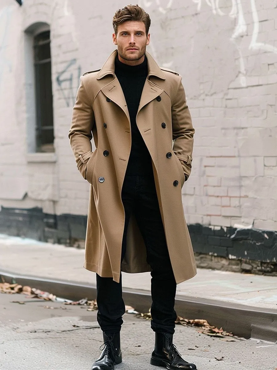 Men's Lapel Double Pocket Mid-Length Trench Coat