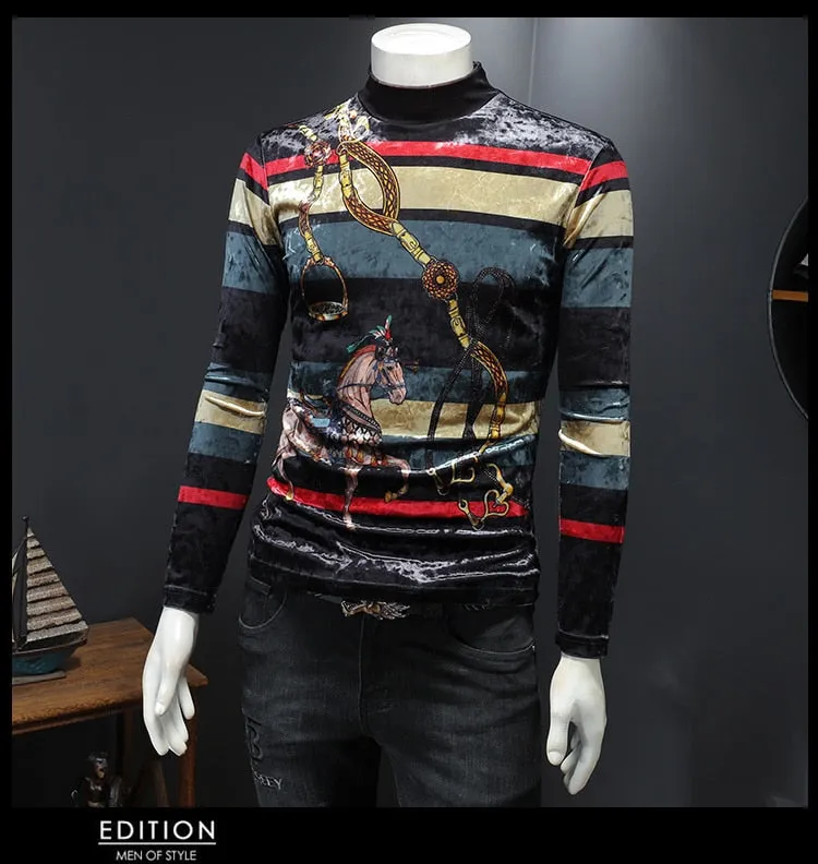 Men's Winter High Neck Casual Contrast Striped Printed Pattern Sweatshirt