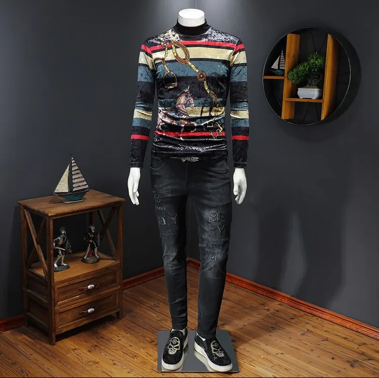 Men's Winter High Neck Casual Contrast Striped Printed Pattern Sweatshirt