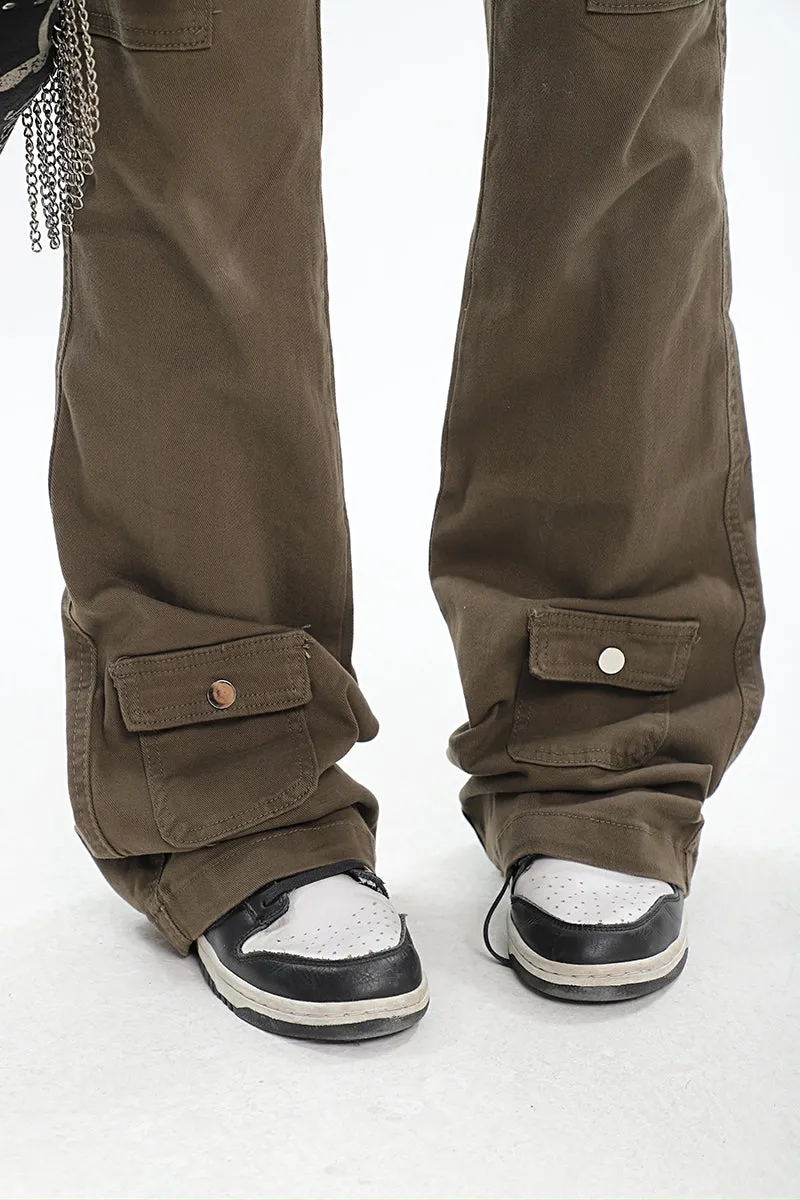 Monica Solid Color Cargo Belt Strap Flare Cargo Pants