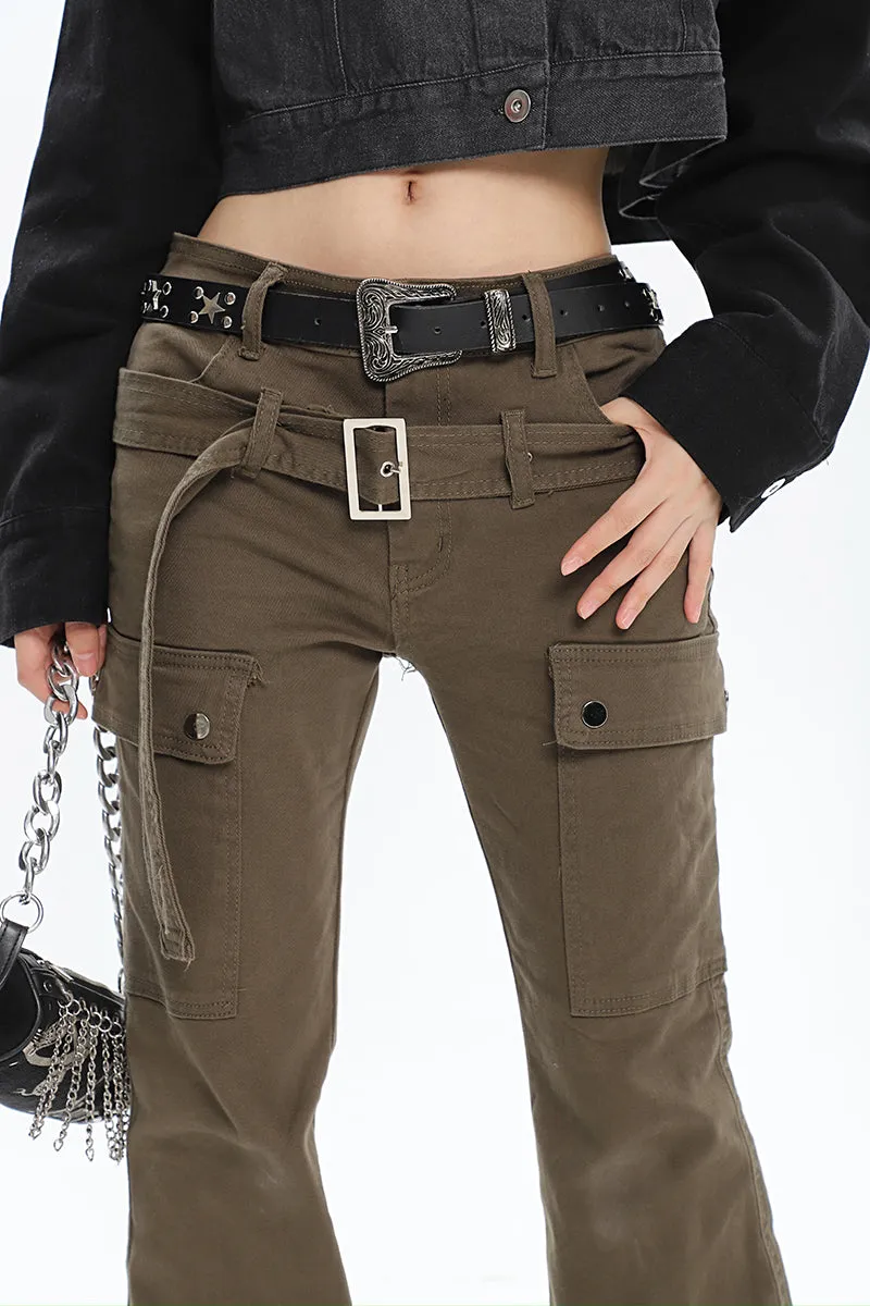 Monica Solid Color Cargo Belt Strap Flare Cargo Pants