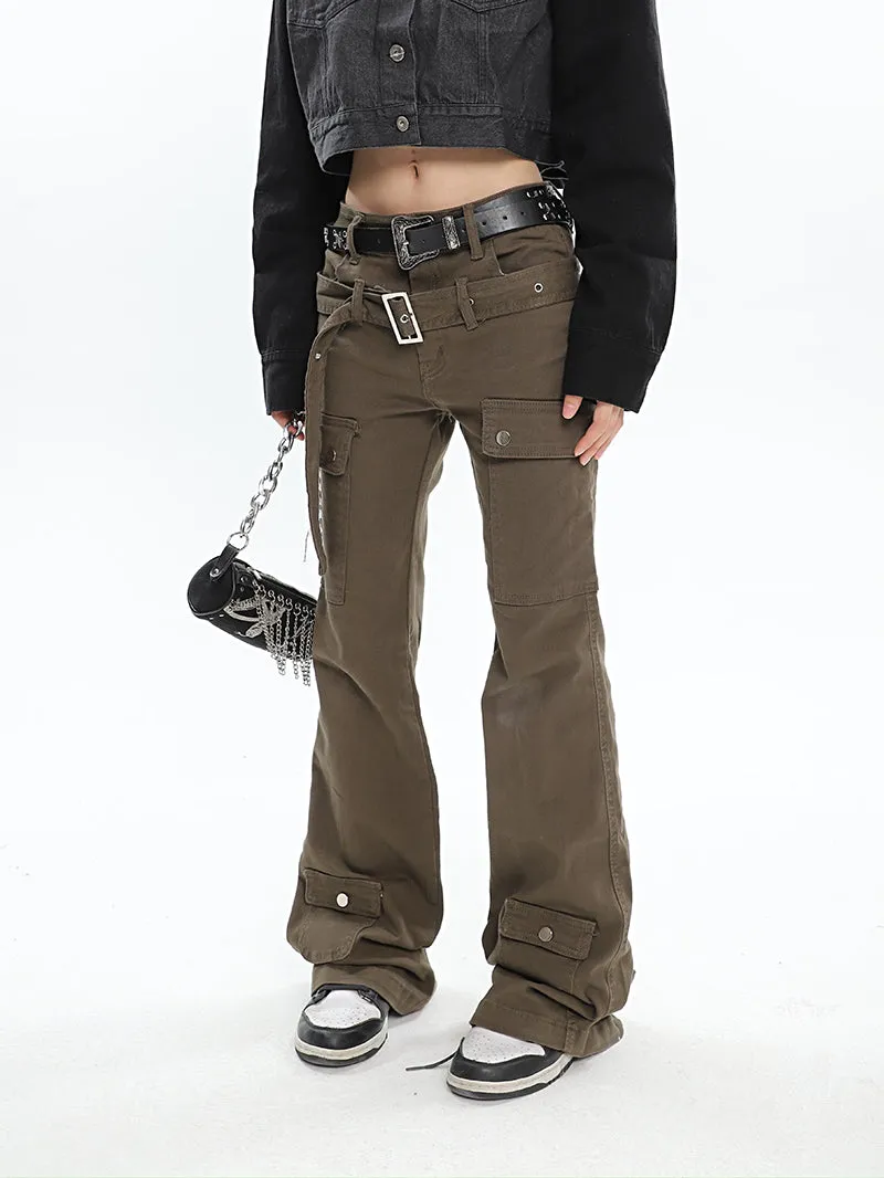 Monica Solid Color Cargo Belt Strap Flare Cargo Pants