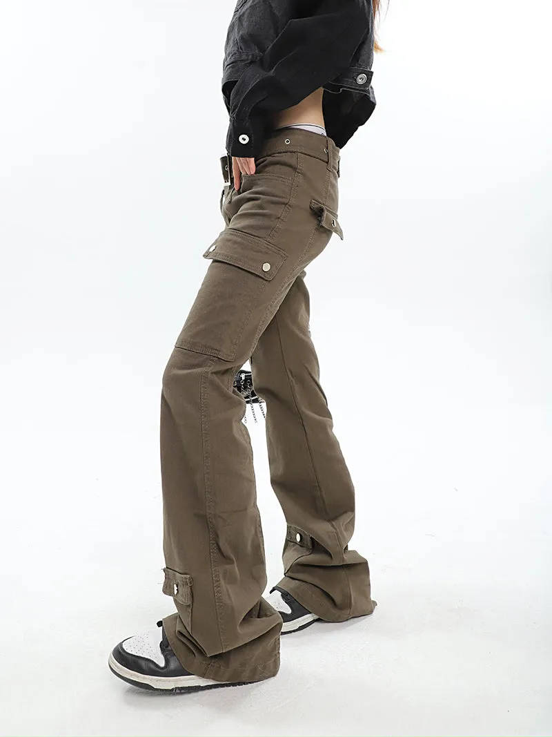 Monica Solid Color Cargo Belt Strap Flare Cargo Pants