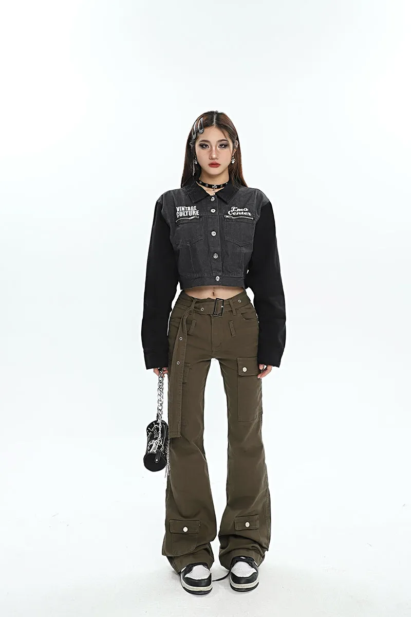 Monica Solid Color Cargo Belt Strap Flare Cargo Pants