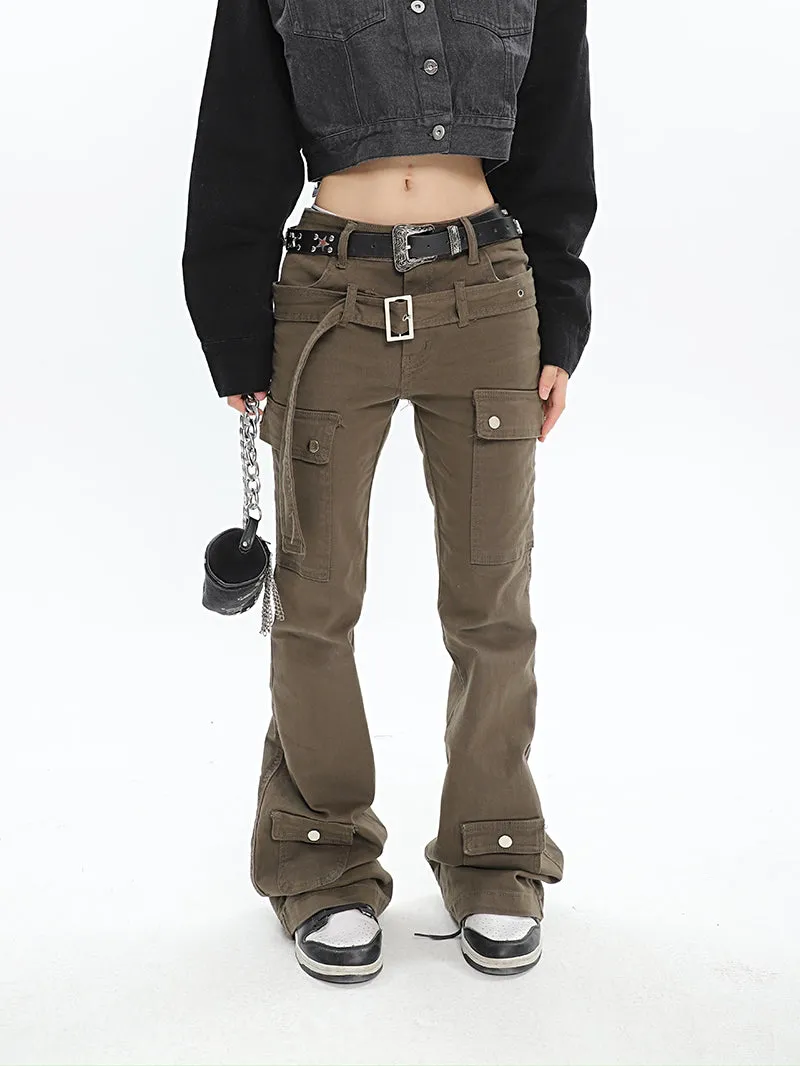 Monica Solid Color Cargo Belt Strap Flare Cargo Pants