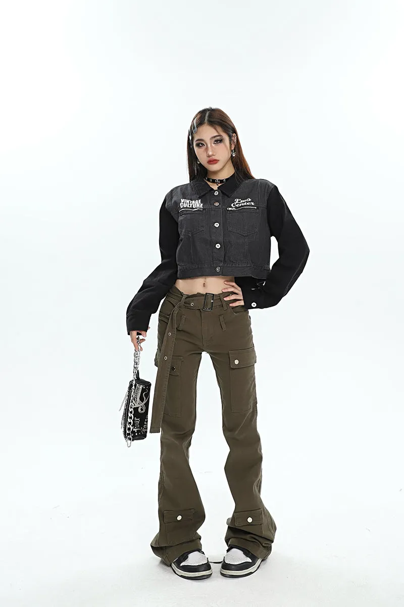 Monica Solid Color Cargo Belt Strap Flare Cargo Pants