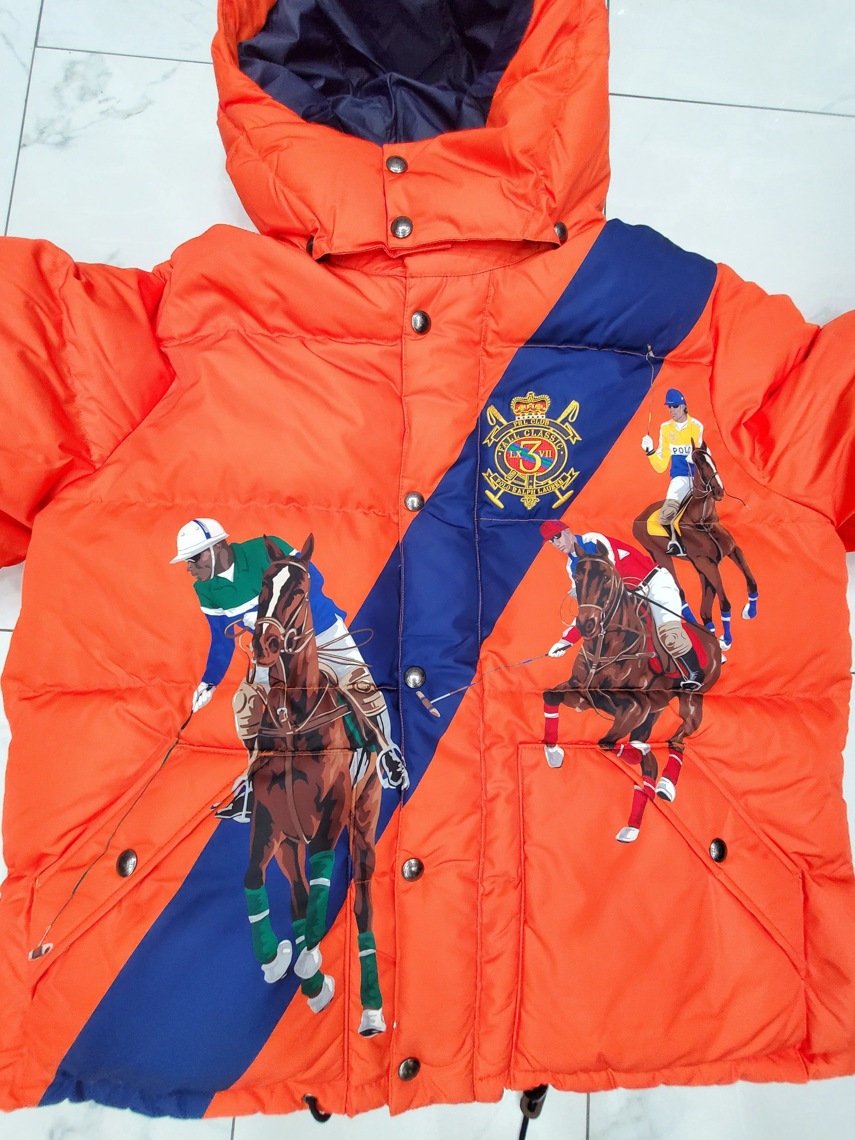 Nwt Polo Ralph Lauren Orange Equestrian Horse Graphic Print Crest Down Jacket