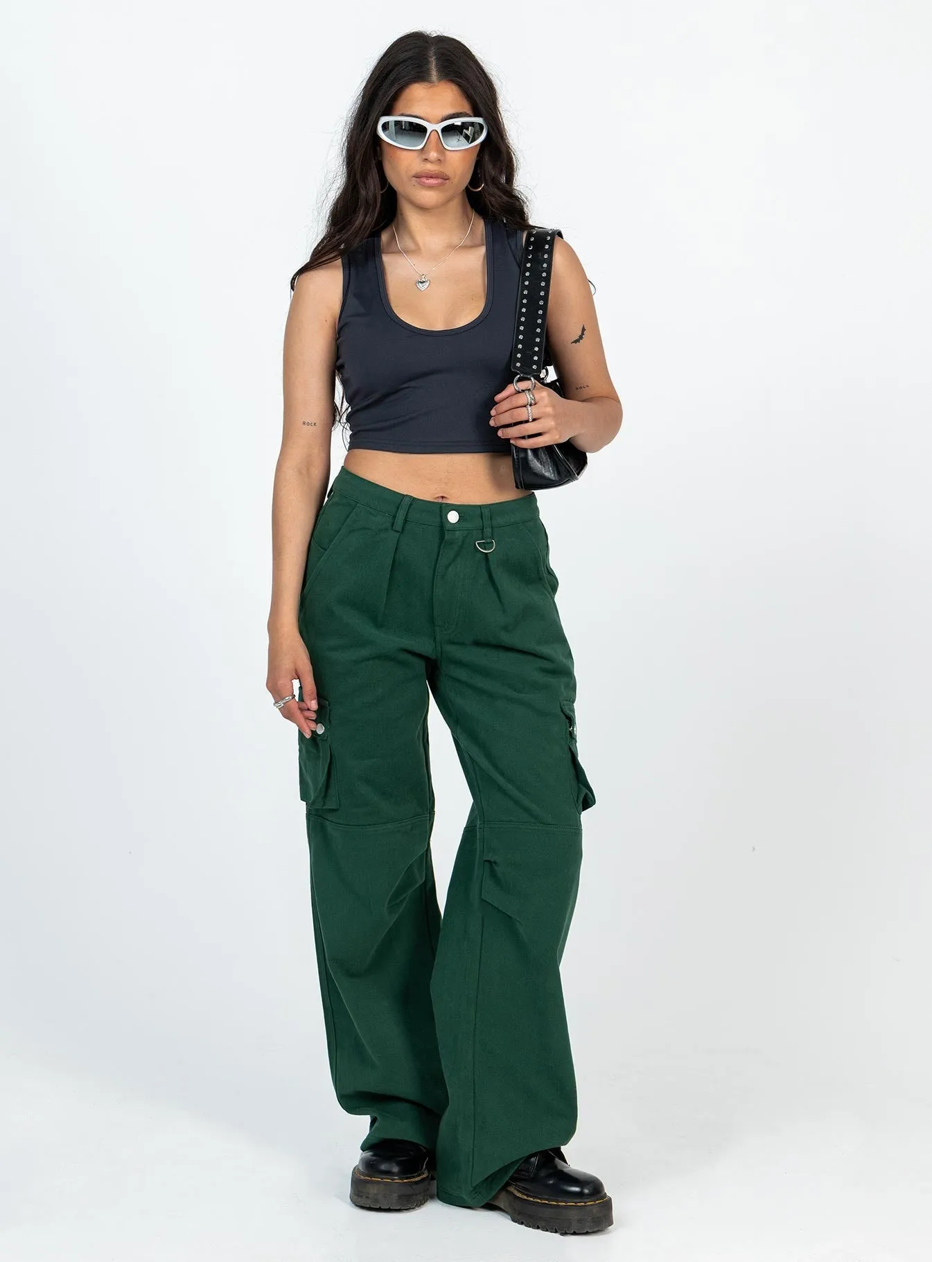 Paige Mid Rise Cargo Jean Denim Green Petite