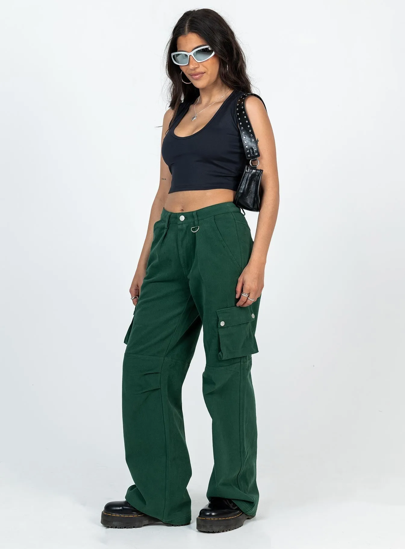 Paige Mid Rise Cargo Jean Denim Green Petite