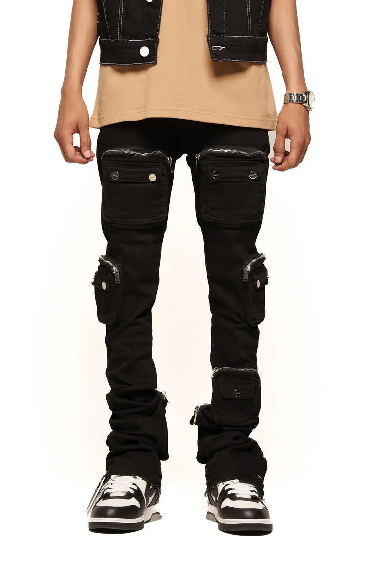 PHEELINGS JOURNEY TO GREATNESS CARGO FLARE STACK DENIM (PH-SS24-27) JET BLACK