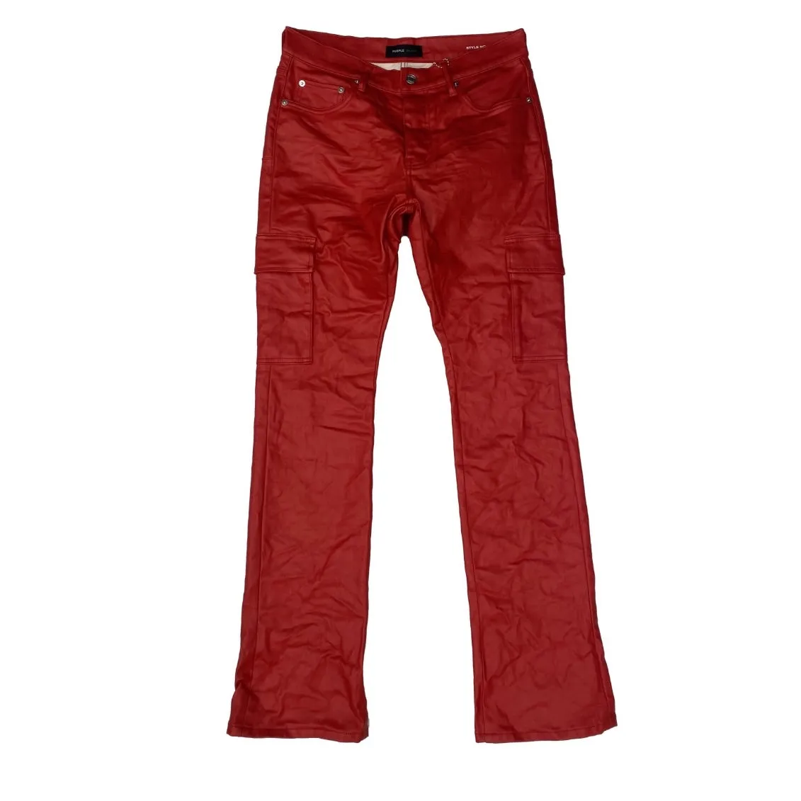 Purple Brand Patent Film Cargo Flare Red Pants